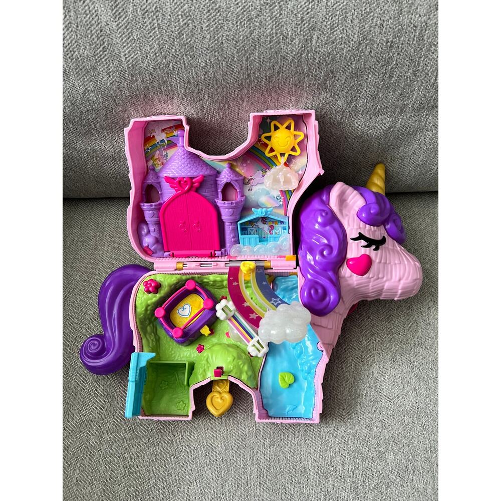 Polly Pocket 2-in-1 Travel Toy Playset, Unicorn Toy with 2 Dolls and Accessories